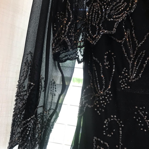 Long navy evening gown with sheer beaded overlay and sheer short jacket - Picture 4 of 8